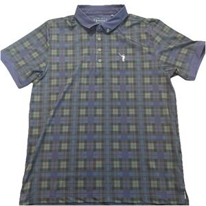 LARGE William Murray Polo Shirt Mens Green Blue Plaid Performance Golf Stretch
